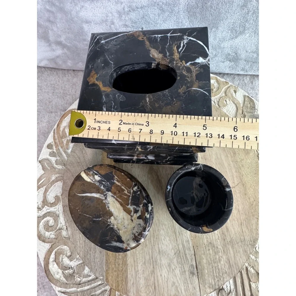 3pc Brown Marble Bathroom Accessory Set Tissue‎ Cover Tumbler Soap Dish Luxury